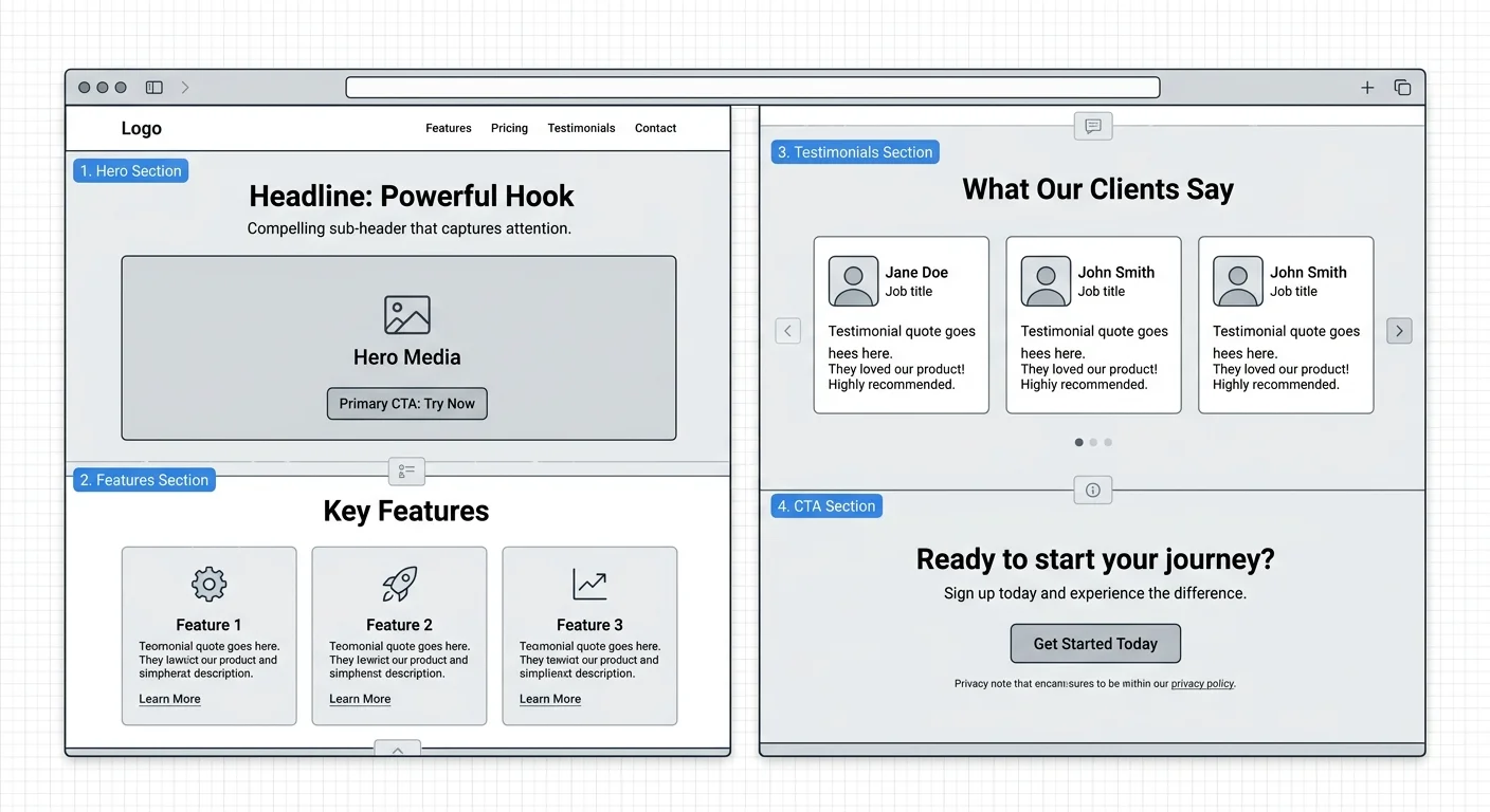 Wireframe of a modular landing page HTML template with labeled sections