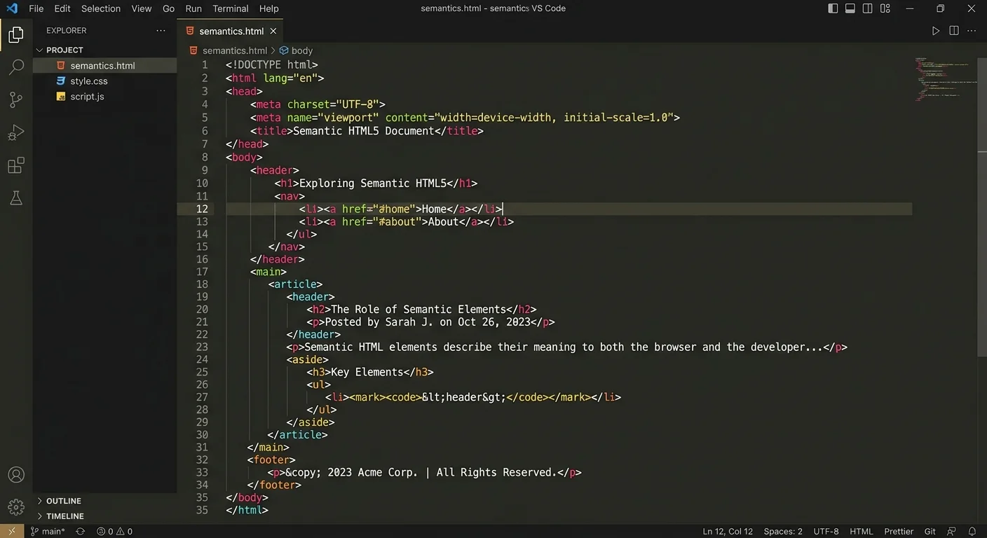 Screenshot of HTML5 semantic landing page structure in a code editor