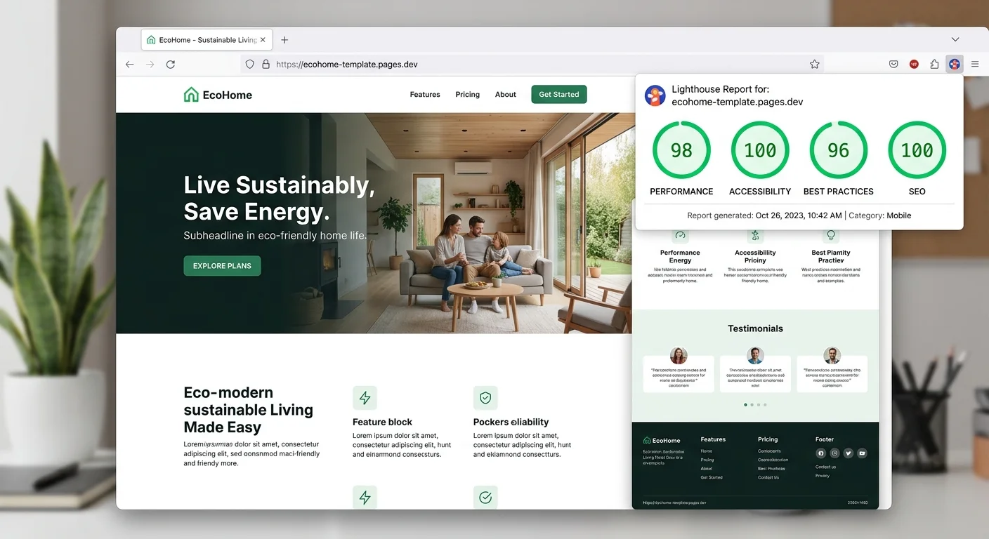 Completed HTML landing page template with perfect Lighthouse audit scores
