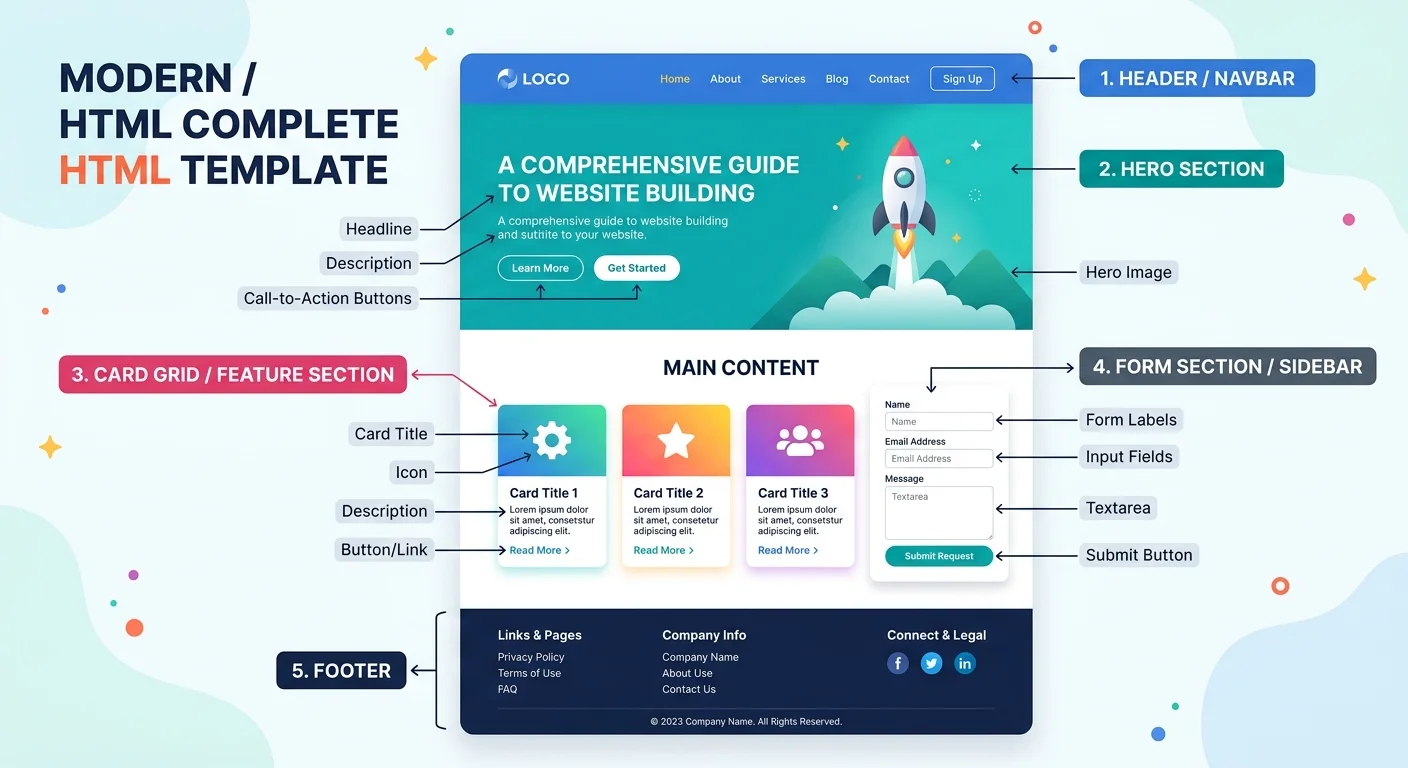 Annotated HTML template layout showing all major UI components