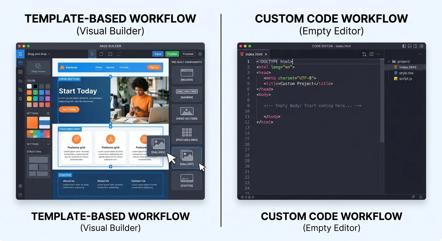 Comparison of HTML template workflow versus custom code workflow for front-end developers