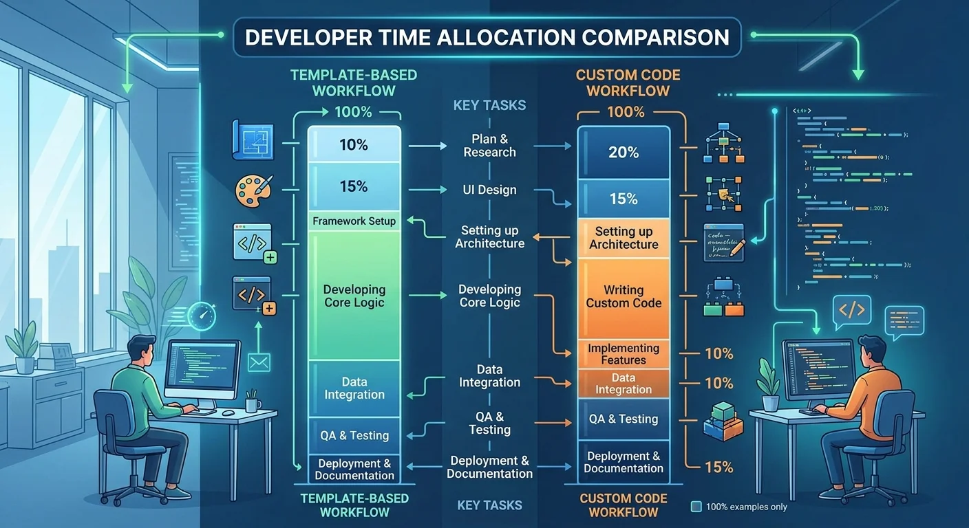 Bar chart comparing hours spent on layout, styling, JavaScript, testing, and debugging for template versus custom approaches
