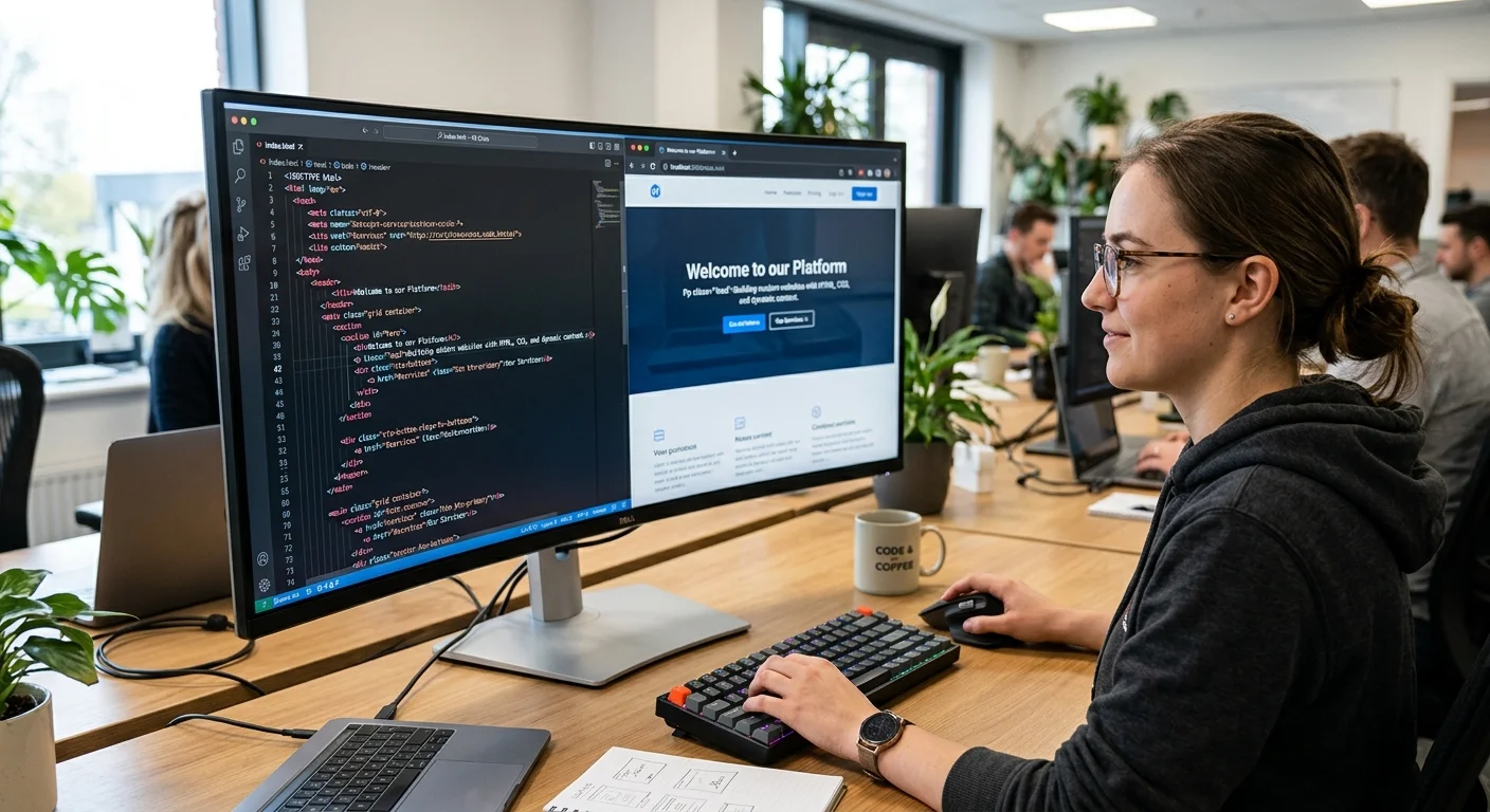 Front-end developer evaluating HTML template code quality on a dual-pane editor