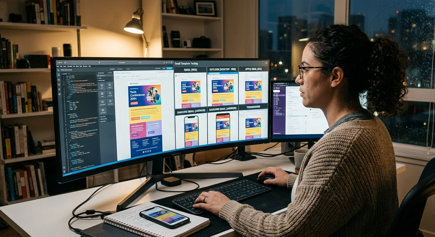 Front-end developer testing free HTML email template rendering across Outlook, Gmail, and Apple Mail